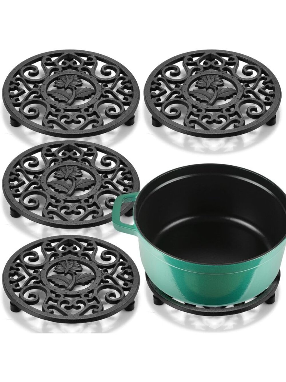 4 Pack Vintage Cast Iron Trivet Set - 5.2 Inch Round Heat Resistant Hot Pot